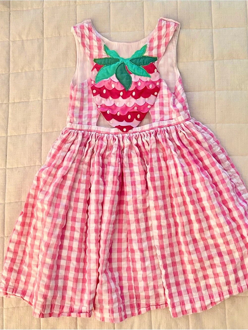 Mini Boden Pink Gingham Strawberry Appliqué Dress